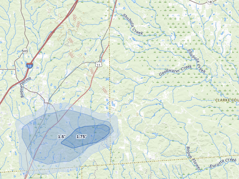 NEXRAD radar-signature map of the hail storm over Vossburg, MS on Jul 30, 2026