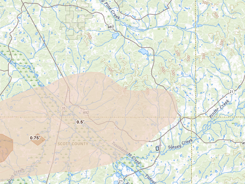 Radar-estimated hail-size map of the storm over Walnut Grove, MS on Apr 24, 2026