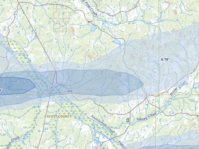 NEXRAD radar-signature map of the hail storm over Walnut Grove, MS on Apr 24, 2026