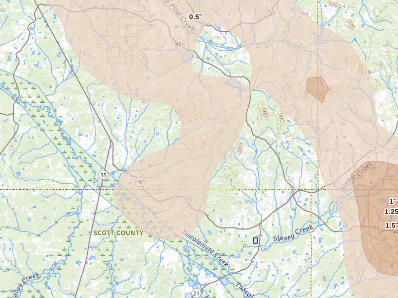 Radar-estimated hail-size map of the storm over Walnut Grove, MS on Aug 20, 2026