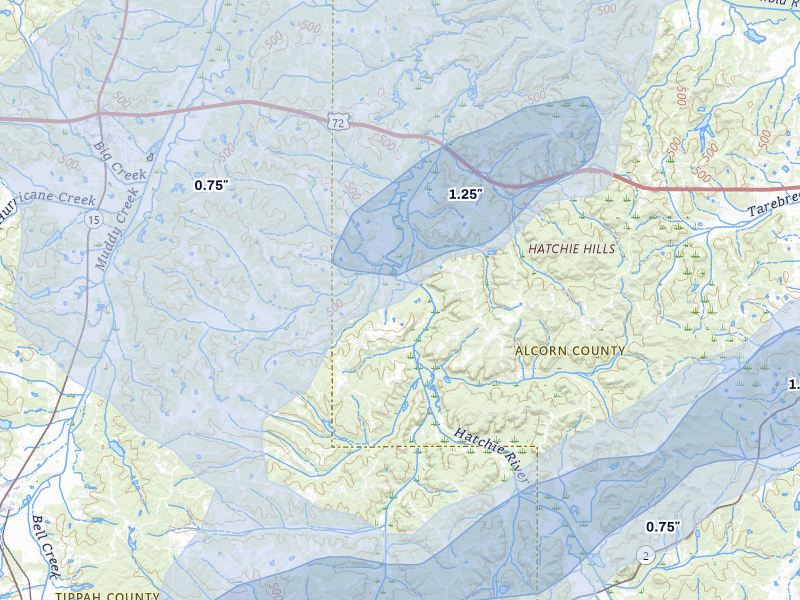 NEXRAD radar-signature map of the hail over Walnut, MS