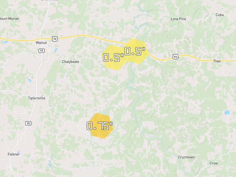 Hail map of Walnut, MS on Jul 1, 2026, hail up to 0.75"