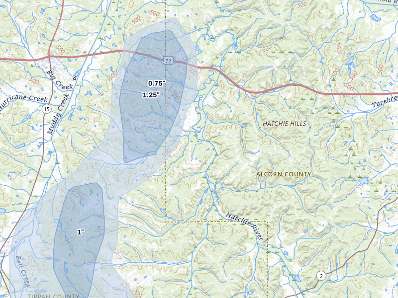 NEXRAD radar-signature map of the hail over Walnut, MS