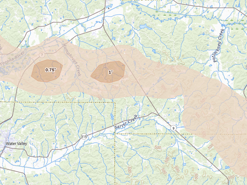 Radar-estimated hail-size map of the storm over Water Valley, MS on Apr 27, 2026
