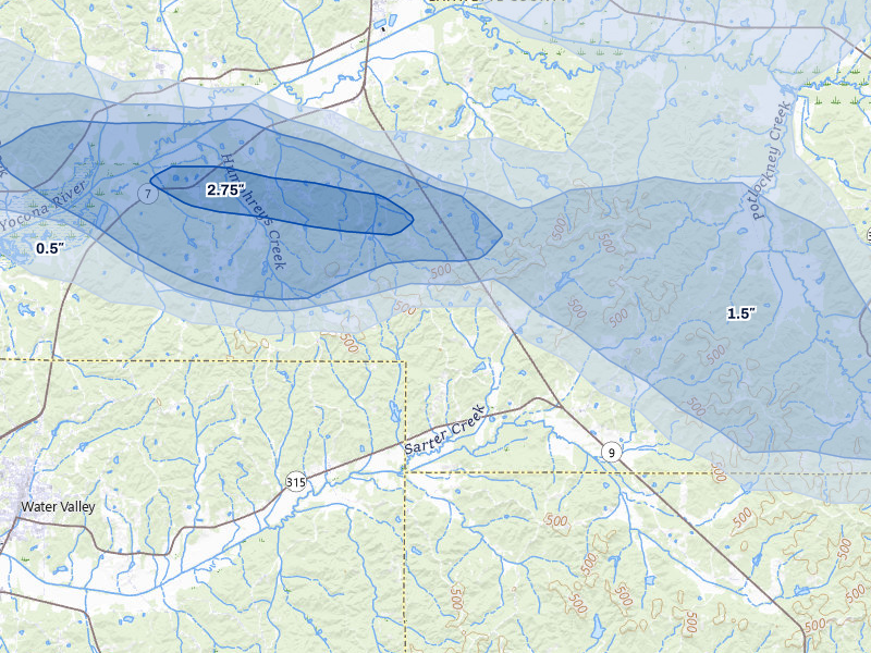 NEXRAD radar-signature map of the hail over Water Valley, MS