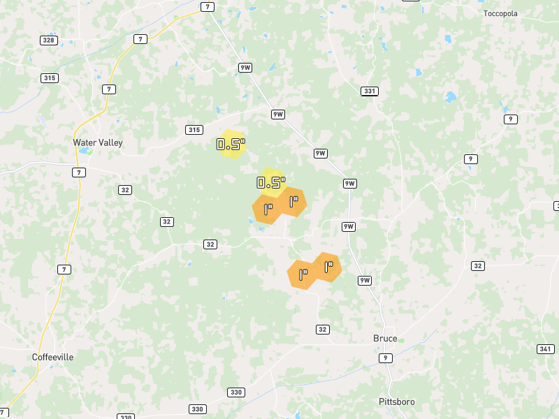 Hail map of Water Valley, MS on Jun 1, 2026, hail up to 1"