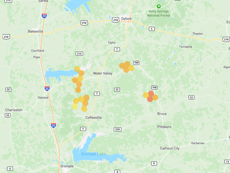 Hail map of Water Valley, MS on Jul 1, 2026, hail up to 1.75"