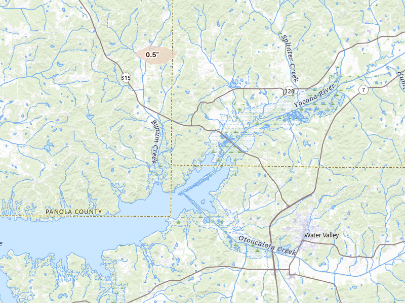 Radar-estimated hail-size map of the storm over Water Valley, MS on Jul 31, 2026