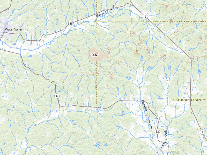 Radar-estimated hail-size map of the storm over Water Valley, MS on Aug 10, 2026