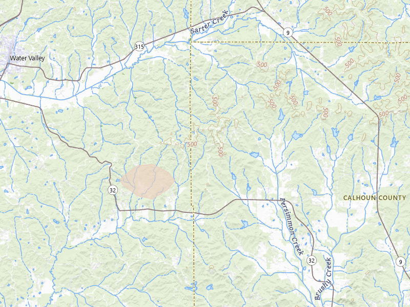 Radar-estimated hail-size map of the storm over Water Valley, MS on Aug 19, 2026