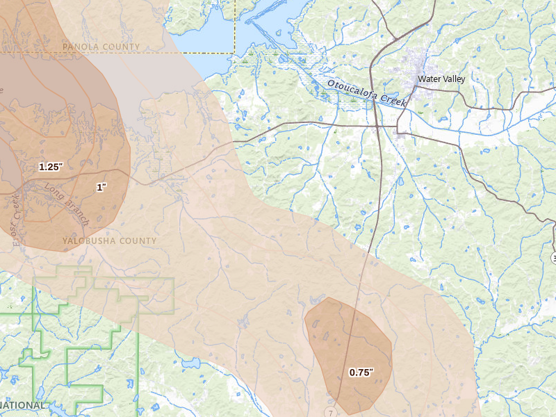 Radar-estimated hail-size map of the storm over Water Valley, MS on Aug 22, 2026