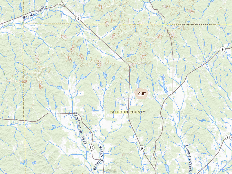 Radar-estimated hail-size map of the storm over Water Valley, MS on Sep 3, 2026