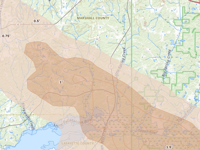 Radar-estimated hail-size map of the storm over Waterford, MS on Feb 26, 2026