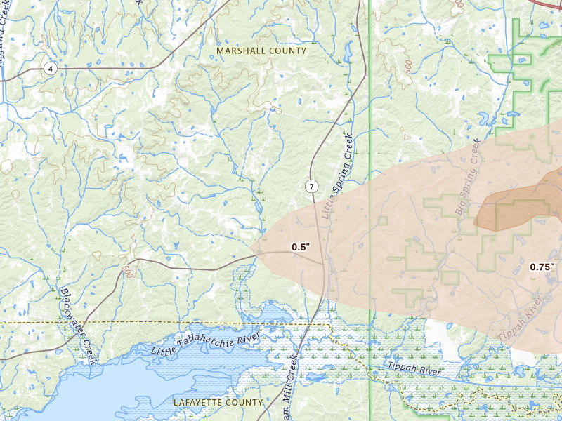 Radar-estimated hail-size map of the storm over Waterford, MS on Apr 27, 2026