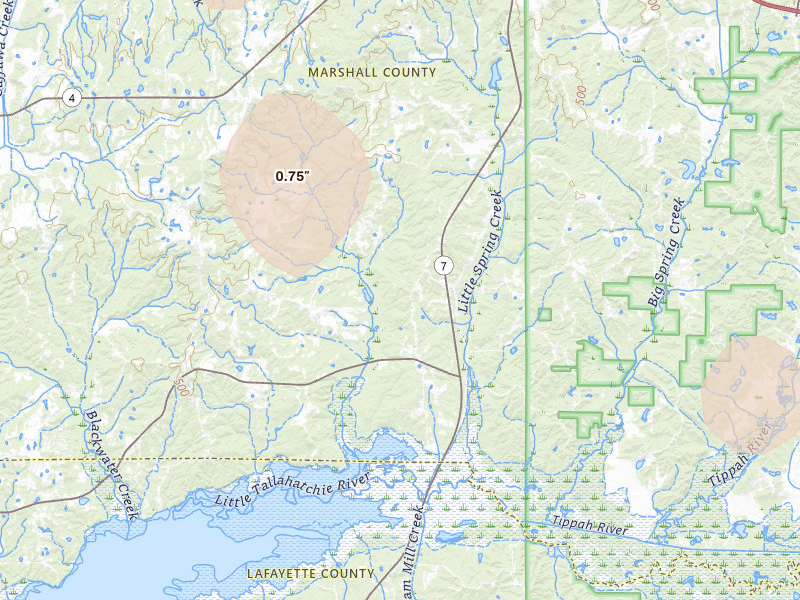 Radar-estimated hail-size map of the storm over Waterford, MS on Jul 1, 2026