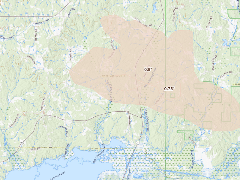 Radar-estimated hail-size map of the storm over Waterford, MS