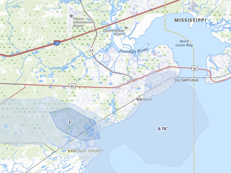 NEXRAD radar-signature map of the hail over Waveland, MS