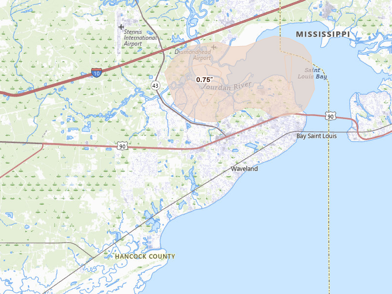 Radar-estimated hail-size map of the storm over Waveland, MS on May 10, 2026