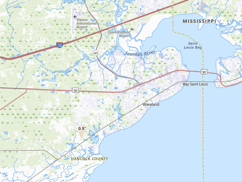 Radar-estimated hail-size map of the storm over Waveland, MS on Jul 20, 2026