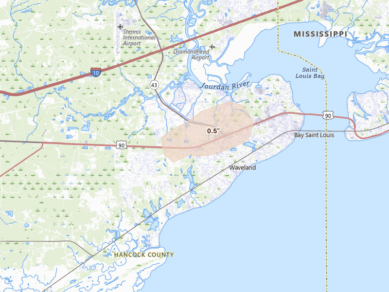 Radar-estimated hail-size map of the storm over Waveland, MS on Aug 17, 2026