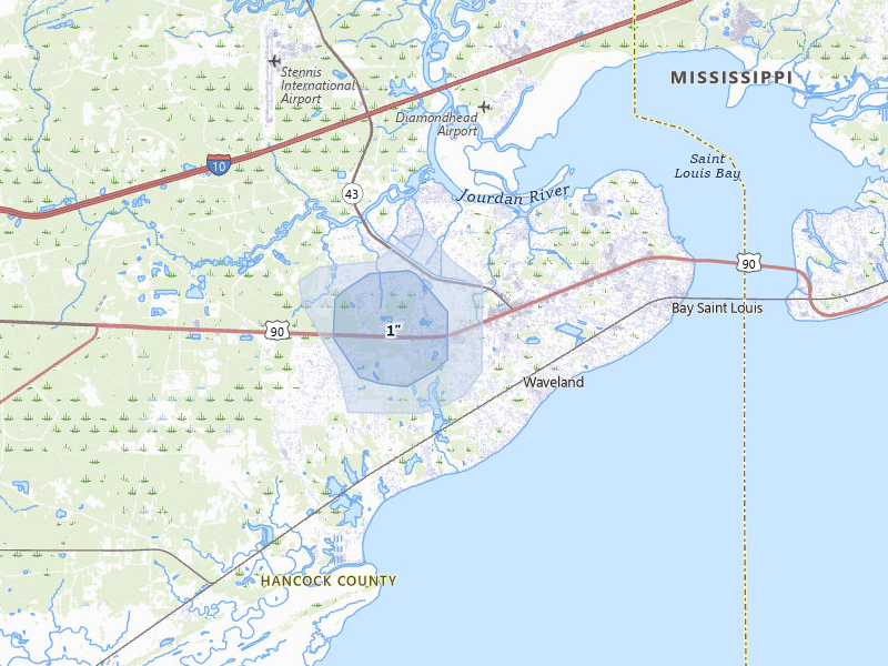 NEXRAD radar-signature map of the hail storm over Waveland, MS on Aug 17, 2026