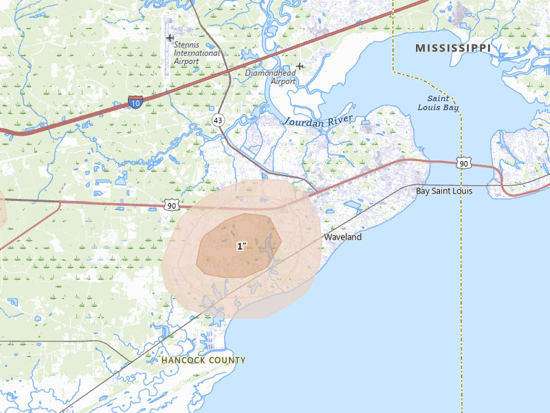 Radar-estimated hail-size map of the storm over Waveland, MS on Aug 21, 2026