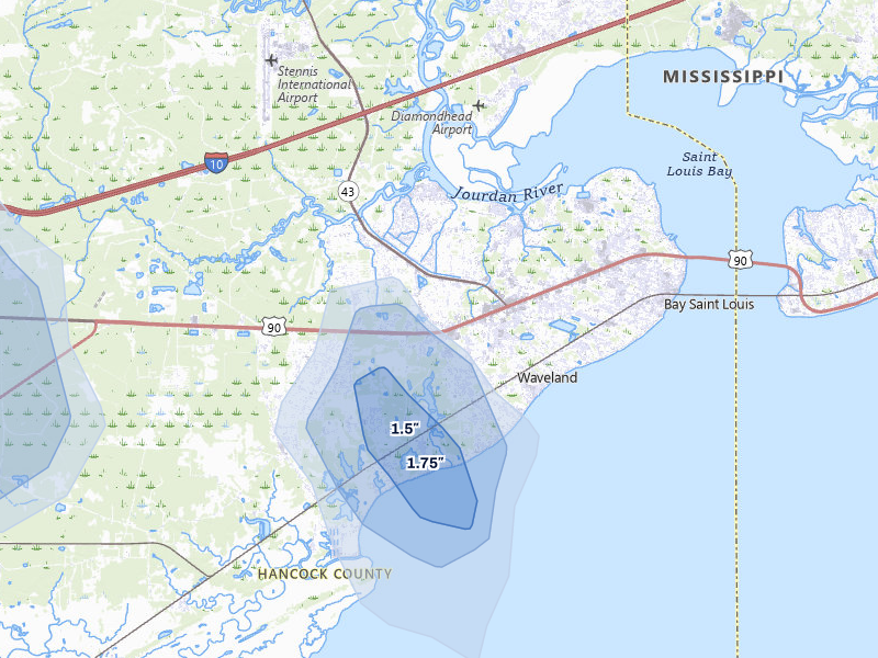 NEXRAD radar-signature map of the hail storm over Waveland, MS on Aug 21, 2026