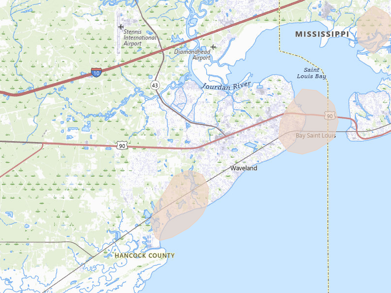Radar-estimated hail-size map of the storm over Waveland, MS on Aug 26, 2026