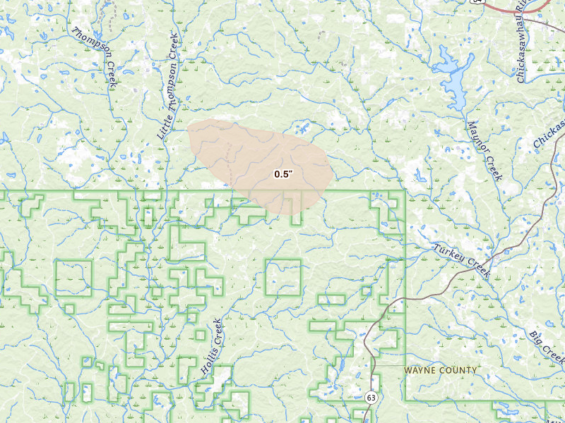 Radar-estimated hail-size map of the storm over Waynesboro, MS on Apr 26, 2026