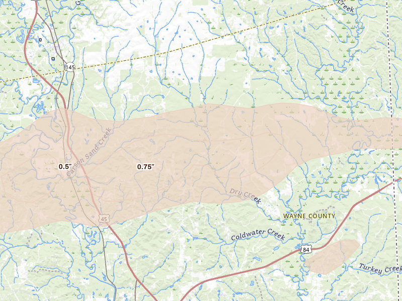 Radar-estimated hail-size map of the storm over Waynesboro, MS on May 6, 2026