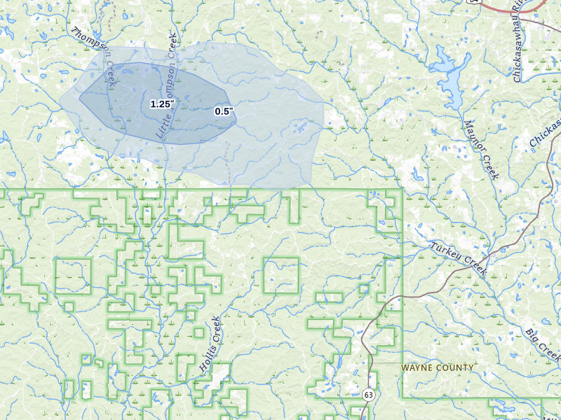 NEXRAD radar-signature map of the hail storm over Waynesboro, MS on Jul 5, 2026