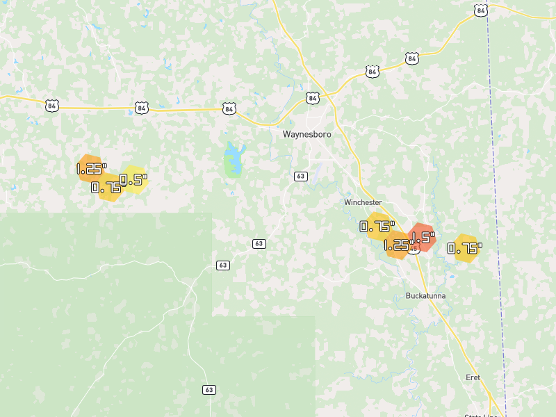 Hail map of Waynesboro, MS on Jul 5, 2026, hail up to 1.5"