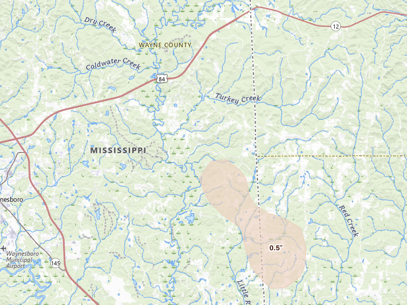 Radar-estimated hail-size map of the storm over Waynesboro, MS on Aug 18, 2026