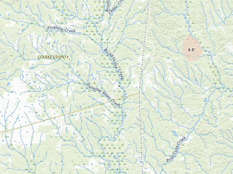 Radar-estimated hail-size map of the storm over Waynesboro, MS on Aug 19, 2026