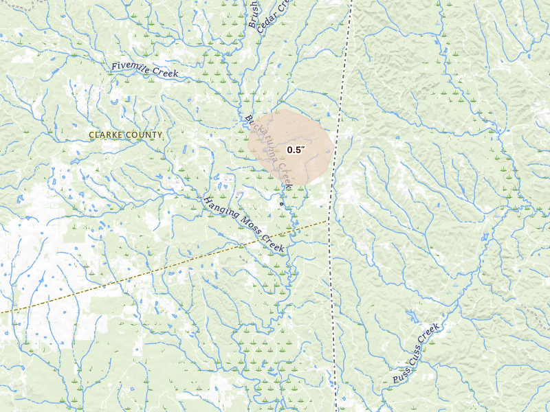 Radar-estimated hail-size map of the storm over Waynesboro, MS on Aug 20, 2026