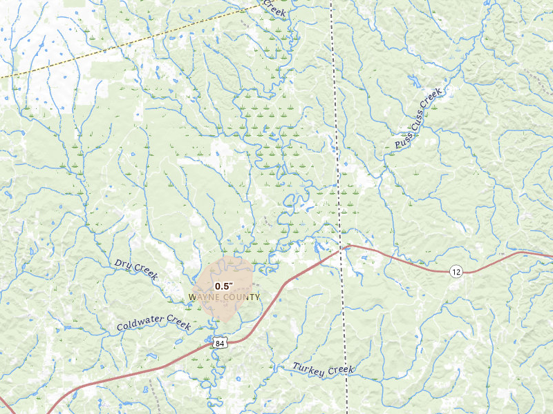 Radar-estimated hail-size map of the storm over Waynesboro, MS on Aug 26, 2026