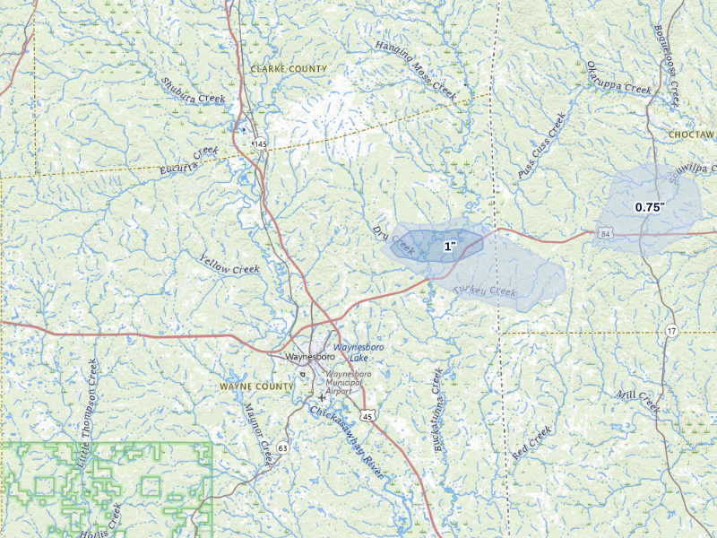 NEXRAD radar-signature map of the hail storm over Waynesboro, MS on Aug 26, 2026