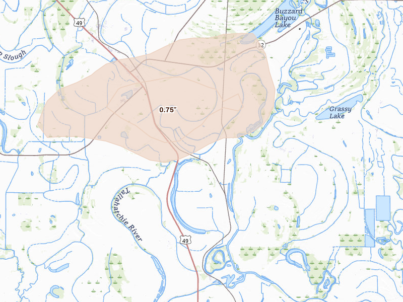 Radar-estimated hail-size map of the storm over Webb, MS on Jun 19, 2026