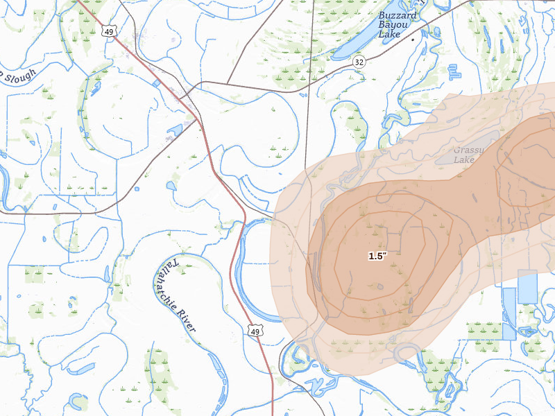 Radar-estimated hail-size map of the storm over Webb, MS on Jul 1, 2026