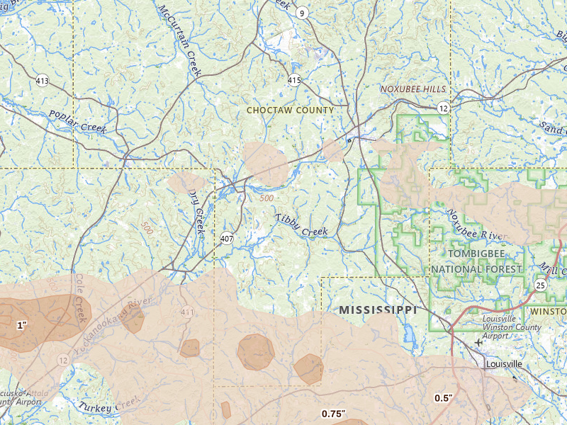 Radar-estimated hail-size map of the storm over Weir, MS on Apr 28, 2026