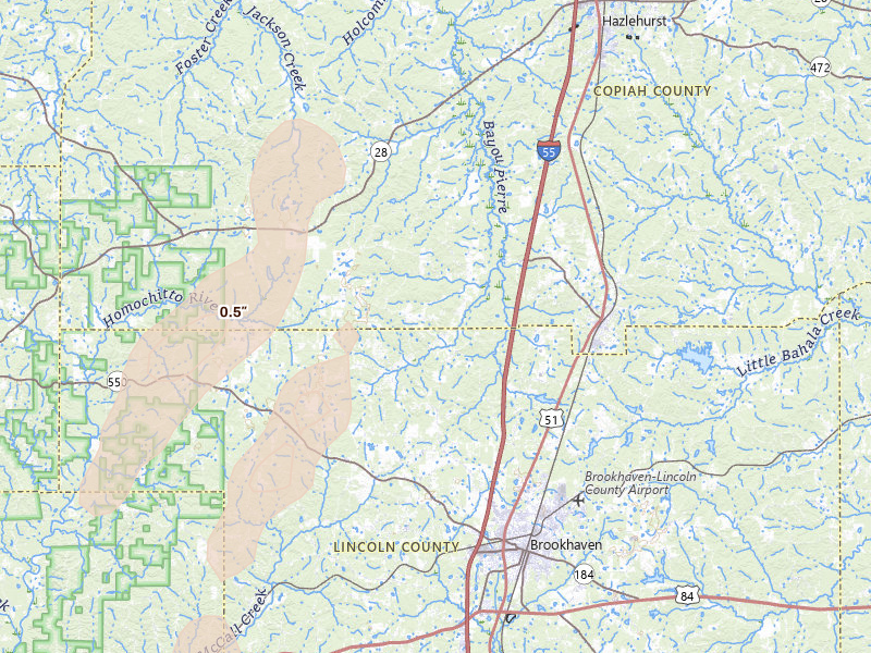Radar-estimated hail-size map of the storm over Wesson, MS on Mar 7, 2026