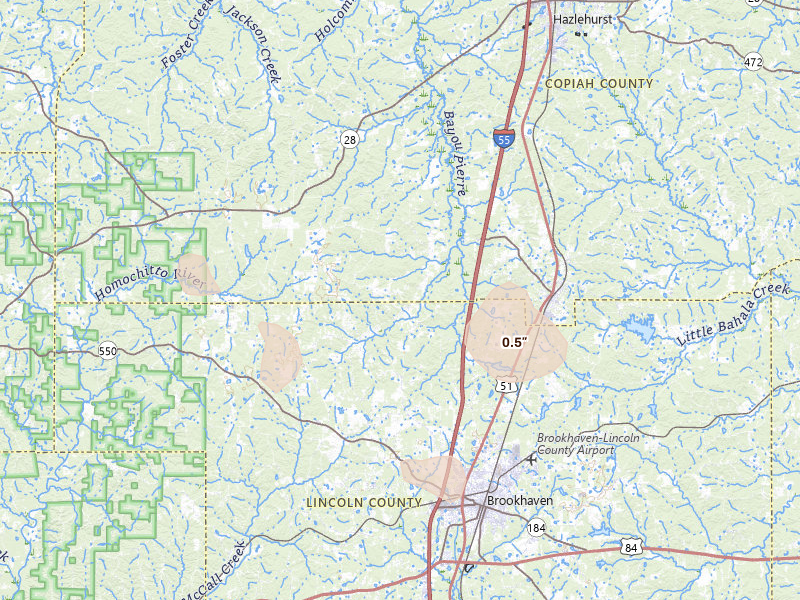 Radar-estimated hail-size map of the storm over Wesson, MS on Jun 1, 2026