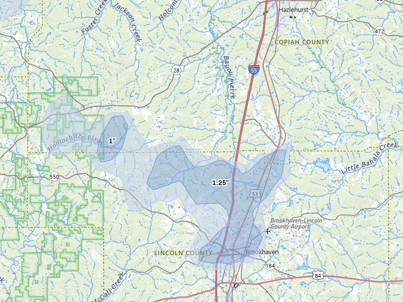 NEXRAD radar-signature map of the hail storm over Wesson, MS on Jun 1, 2026