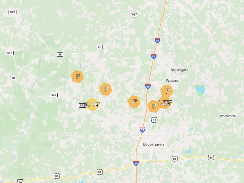 Hail map of Wesson, MS on Jun 1, 2026, hail up to 1.25"