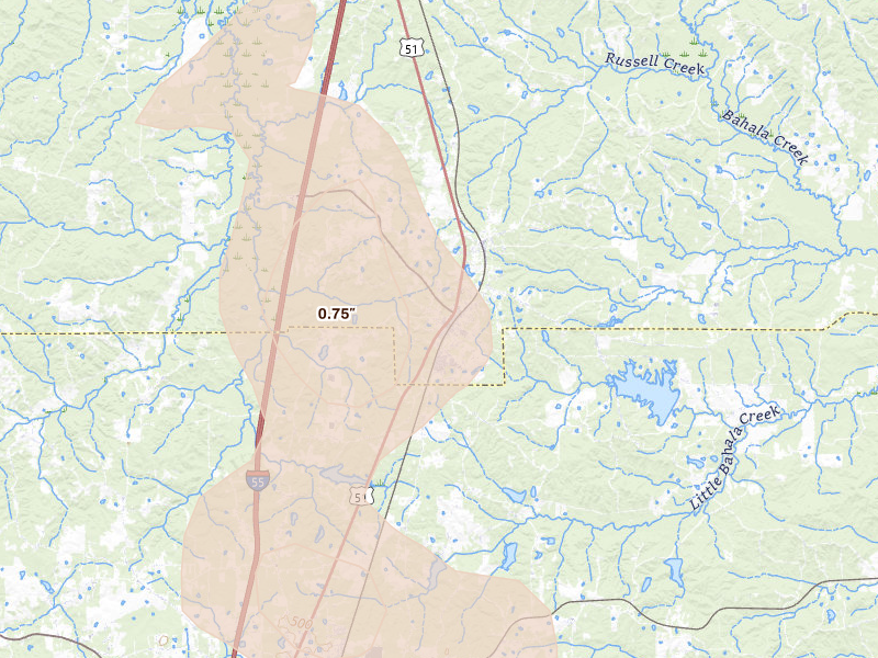 Radar-estimated hail-size map of the storm over Wesson, MS on Aug 21, 2026