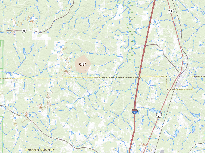 Radar-estimated hail-size map of the storm over Wesson, MS on Aug 26, 2026