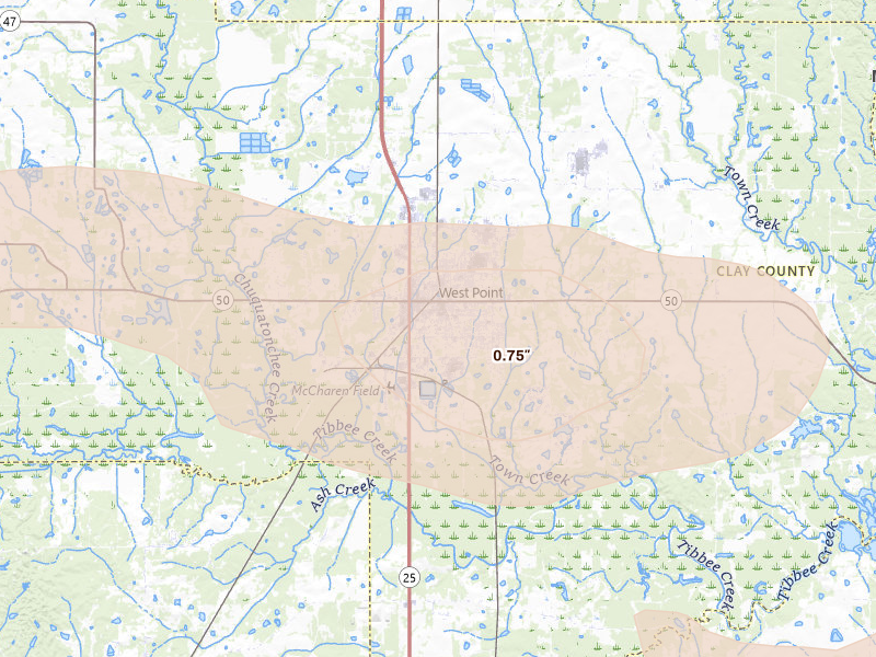 Radar-estimated hail-size map of the storm over West Point, MS