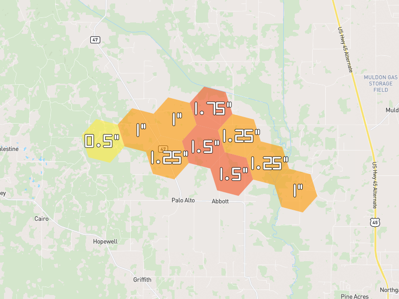 Hail map of West Point, MS on Jul 1, 2026, hail up to 1.75"