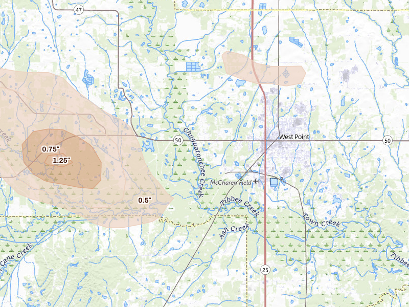 Radar-estimated hail-size map of the storm over West Point, MS on Aug 20, 2026