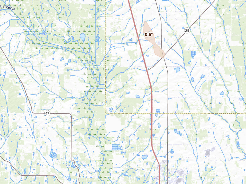 Radar-estimated hail-size map of the storm over West Point, MS on Aug 26, 2026